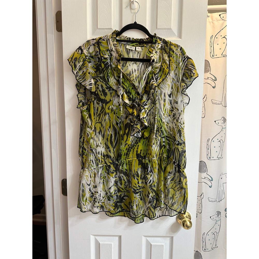 Cato Womens XL Green Abstract Print Ruffle V-Neck Smocked Peplum Blouse Top